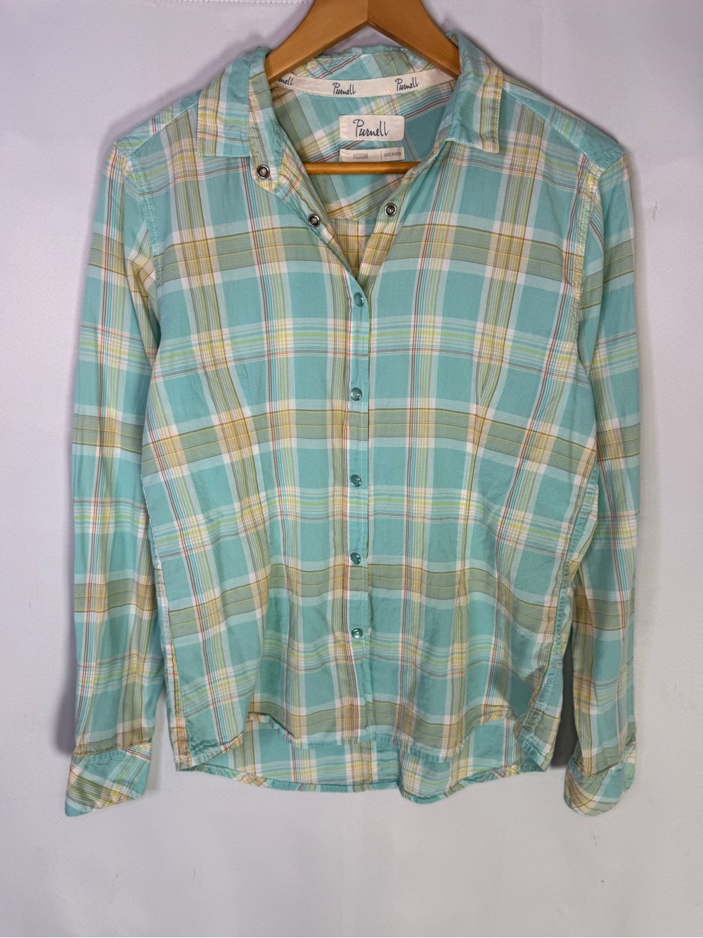 Purnell - 100% Cotton Women’s Blue & Yellow Plaid Button-Up Shirt - Size M
